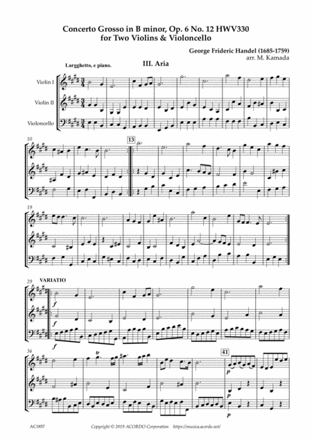 Free Sheet Music Aria From Concerto Grosso Op 6 12 Hwv330 For Two Violins Violoncello