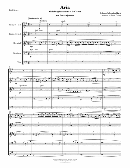 Aria From Goldberg Variations Bwv 988 For Brass Quintet Sheet Music