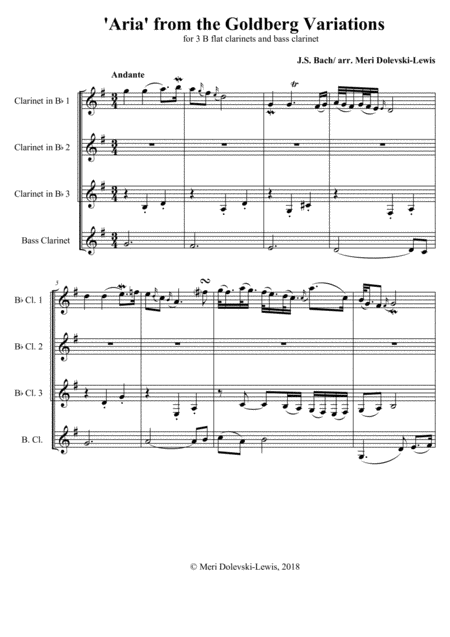 Free Sheet Music Aria From The Goldberg Variations For Clarinet Quartet 3 B Flat Clarinets And Bass Clarinet