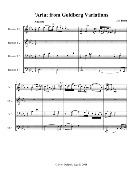 Aria From The Goldberg Variations For Horn Quartet Sheet Music