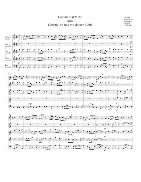 Aria Gedenk An Uns Mit Deiner Liebe From Cantata Bwv 29 Arrangement For 5 Recorders Sheet Music