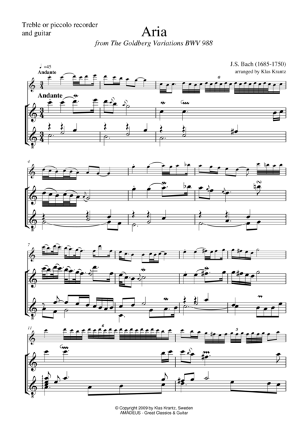 Free Sheet Music Aria Goldberg Var For Treble Recorder And Guitar