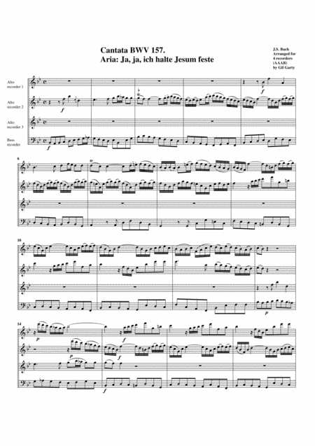 Free Sheet Music Aria Ja Ja Ich Halte Jesum Feste From Cantata Bwv 157 Arrangement For 4 Recorders