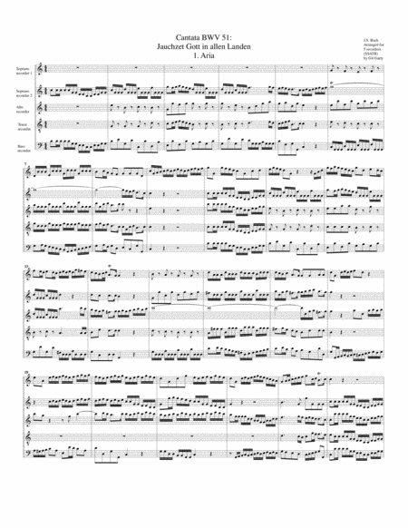 Aria Jauchzet Gott In Allen Landen From Cantata Bwv 51 Arrangement For 5 Recorders Sheet Music