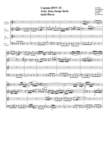 Aria Jesu Beuge Doch Mein Herze From Cantata Bwv 47 Arrangement For 4 Recorders Sheet Music