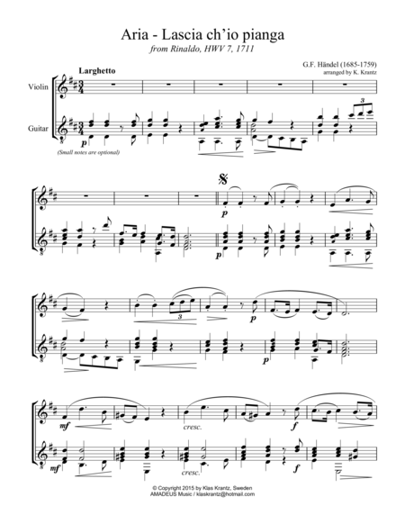 Aria Lascia Ch Io Pianga For Violin And Guitar Sheet Music