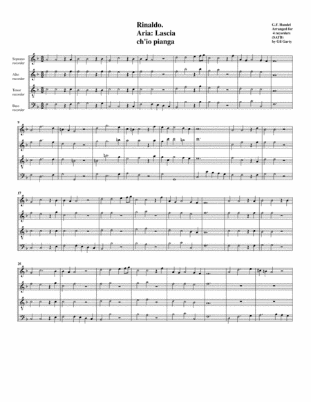 Aria Lascia Ch Io Pianga From The Opera Rinaldo Arrangement For 4 Recorders Sheet Music