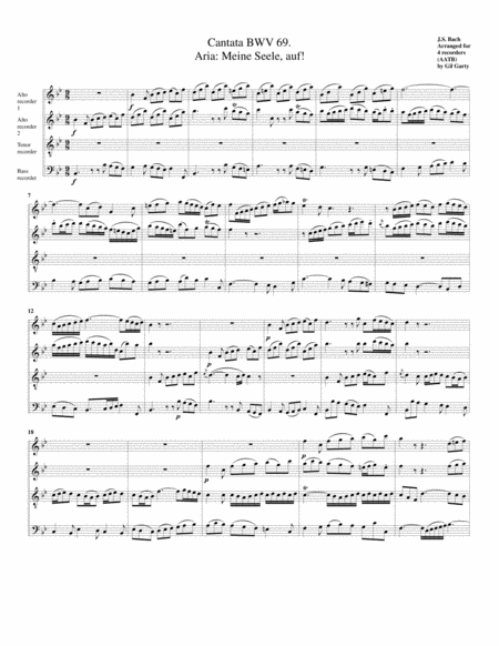 Aria Meine Seele Auf From Cantata Bwv 69 Arrangement For 4 Recorders Aatb Sheet Music