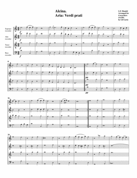 Aria Verdi Prati From Alcina Arrangement For 4 Recorders Sheet Music