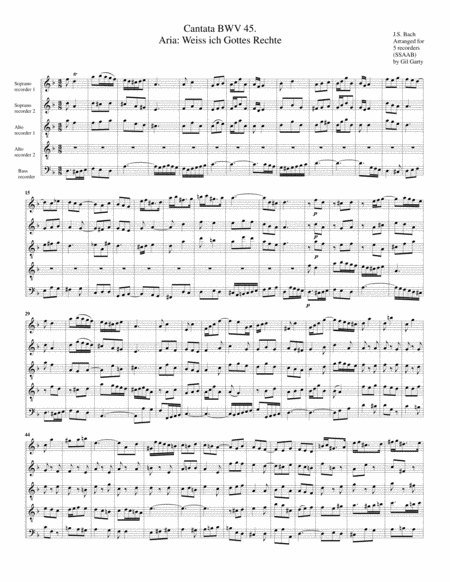 Aria Weiss Ich Gottes Rechte From Cantata Bwv 45 Arrangement For 5 Recorders Sheet Music