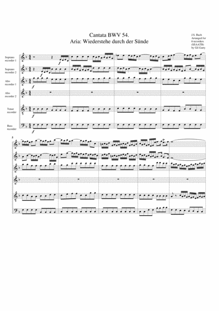 Aria Wiederstehe Durch Der Suende From Cantata Bwv 54 Arrangement For 6 Recorders Sheet Music