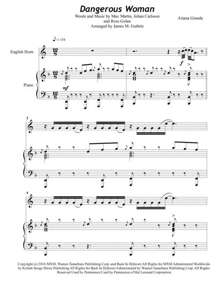 Ariana Grande Dangerous Woman For English Horn Piano Sheet Music