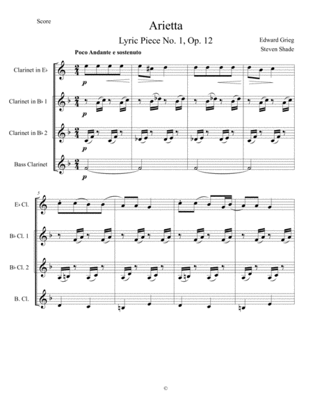 Free Sheet Music Arietta For Clarinet Quartet From Lyric Pieces