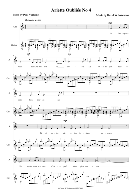 Free Sheet Music Ariette Oubliee No 4 For Alto And Guitar