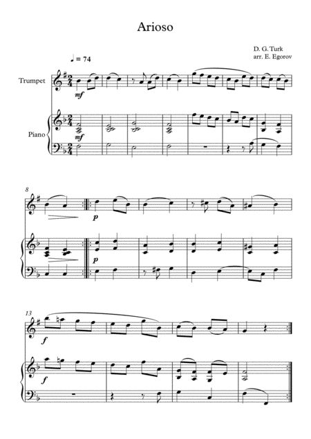 Arioso Daniel Gottlob Turk For Trumpet Piano Sheet Music