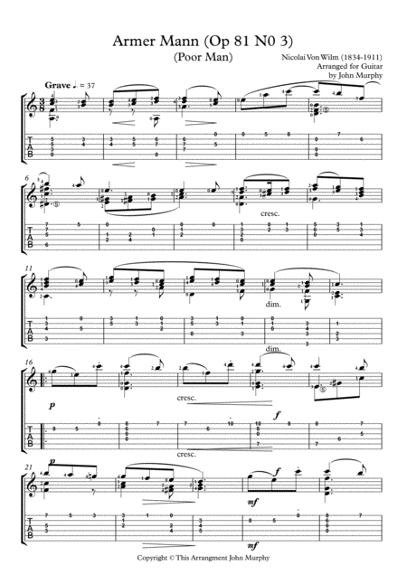 Armer Mann By N Von Wilm Arranged For Guitar In Notes And Tab Sheet Music