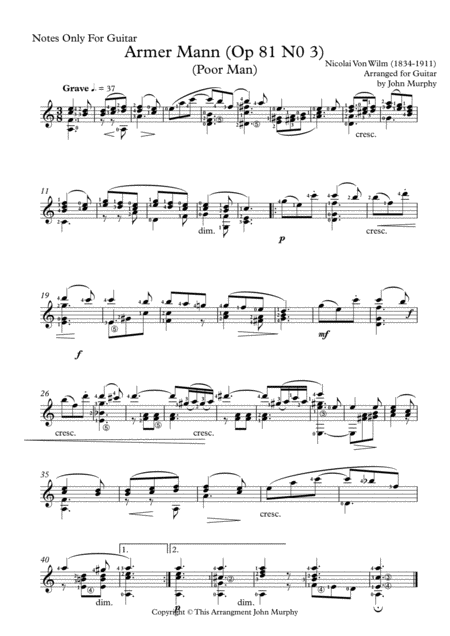 Armer Mann By N Von Wilm Arranged For Guitar Notes Only Sheet Music