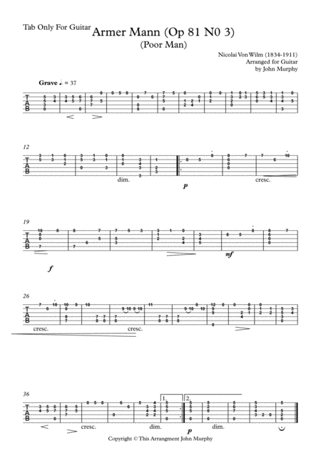 Armer Mann By N Von Wilm Arranged For Guitar Tab Only Sheet Music