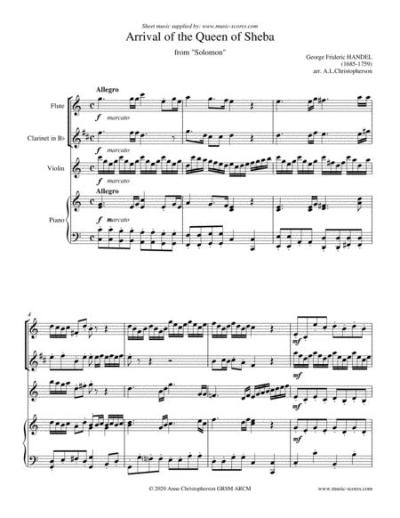 Free Sheet Music Arrival Of The Queen Of Sheba Flute Clarinet Violin And Piano