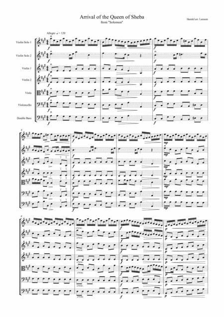 Free Sheet Music Arrival Of The Queen Of Sheba For 2 Solo Violins And Strings