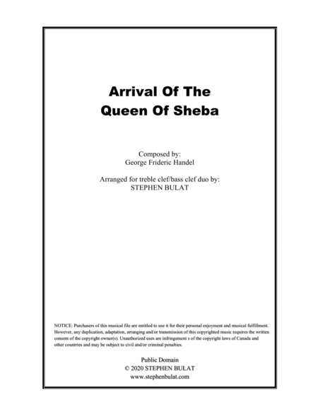 Arrival Of The Queen Of Sheba Handel Violin Cello Duo Or Other Treble Clef Bass Clef Instruments Original Key Of Bb Sheet Music