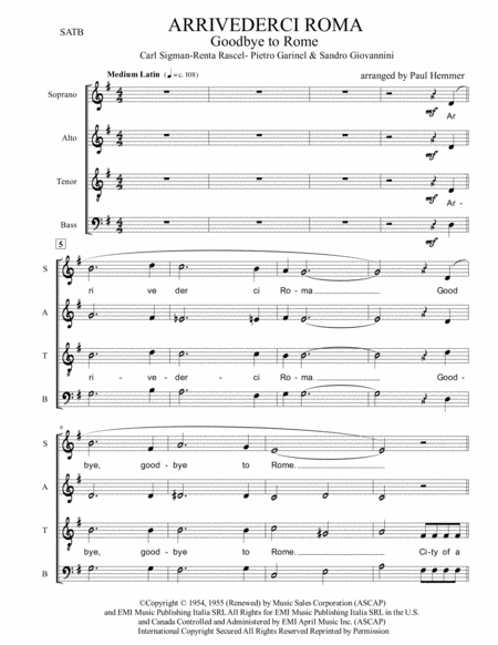 Free Sheet Music Arrivederci Roma Goodbye To Rome Satb Only