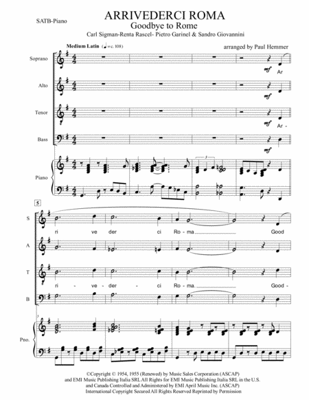 Arrivederci Roma Goodbye To Rome Satb Piano Sheet Music