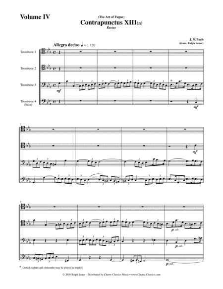 Art Of Fugue Bwv 1080 Volume 4 For Trombone Quartet Sheet Music