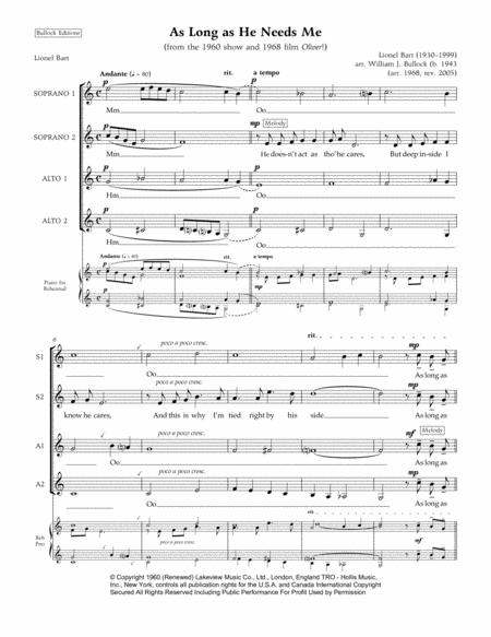 As Long As He Needs Me Chorus Piano Reduction Sheet Music