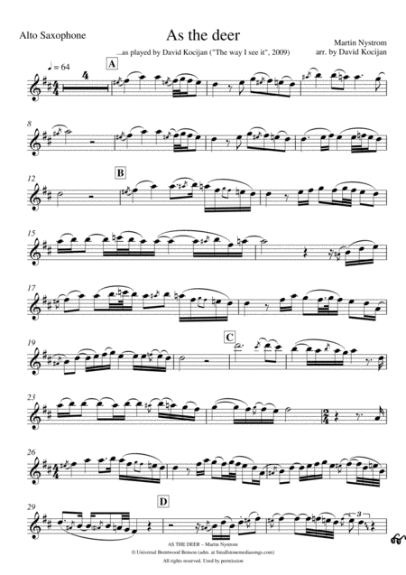 As The Deer Solo In Eb Alto Sax Sheet Music