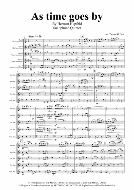 As Time Goes By From Casablanca Saxophone Quintet Sheet Music