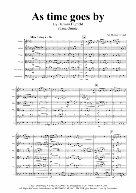 Free Sheet Music As Time Goes By From Casablanca String Quintet