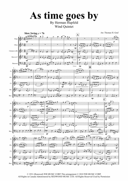 As Time Goes By From Casablanca Wind Quintet Sheet Music