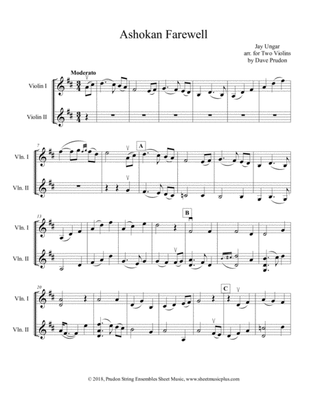 Ashokan Farewell For Two Violins Sheet Music