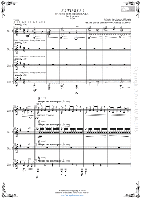 Asturias Leyenda Sheet Music For 4 Guitars Sheet Music