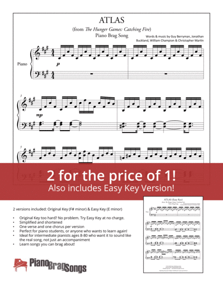 Atlas From The Hunger Games Catching Fire Coldplay Simplified And Easy Key Piano Solos Sheet Music