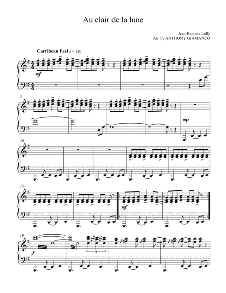 Au Clair De La Lune By The Light Of The Moon Piano Solo Sheet Music