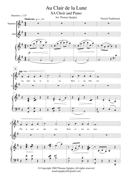 Au Clair De La Lune Sheet Music