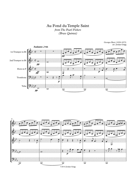 Au Fond Du Temple Saint From The The Pearl Fishers Brass Quintet Sheet Music
