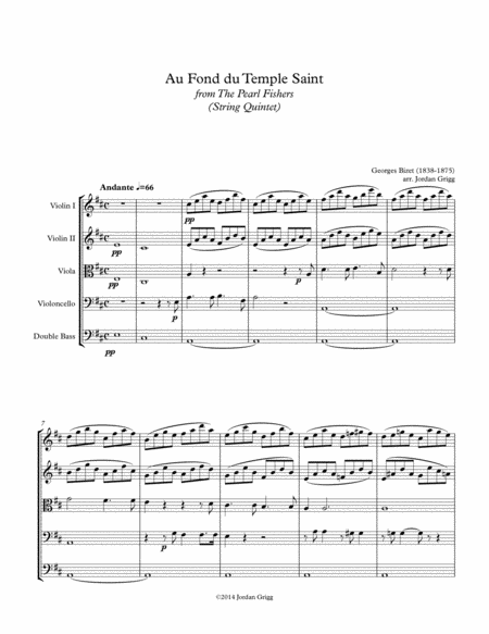 Au Fond Du Temple Saint From The The Pearl Fishers String Quintet Sheet Music