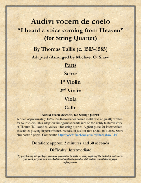 Audivi Vocem De Coelo I Heard A Voice Coming From Heaven For String Quartet Sheet Music