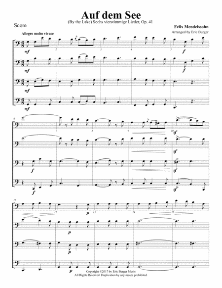 Free Sheet Music Auf Dem See For Trombone Or Low Brass Quartet