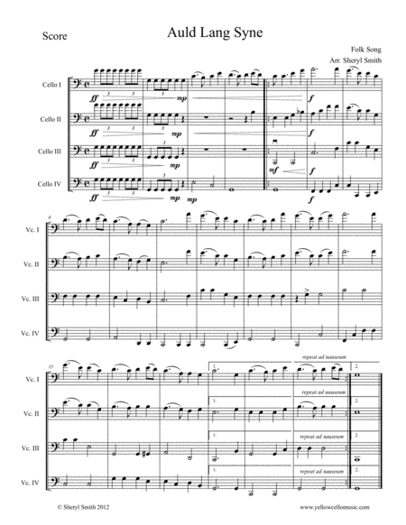 Auld Lang Syne Arranged For Four Intermediate Cellos Cello Quartet Sheet Music