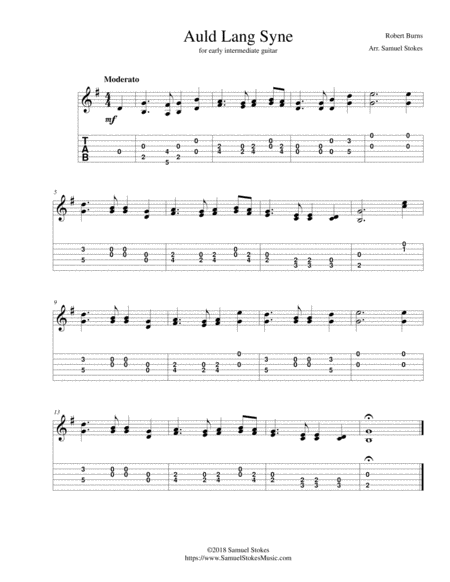 Auld Lang Syne For Early Intermediate Guitar With Tab Sheet Music