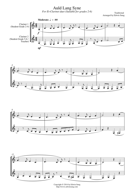 Auld Lang Syne For Eb Clarinet Duet Suitable For Grades 2 6 Sheet Music