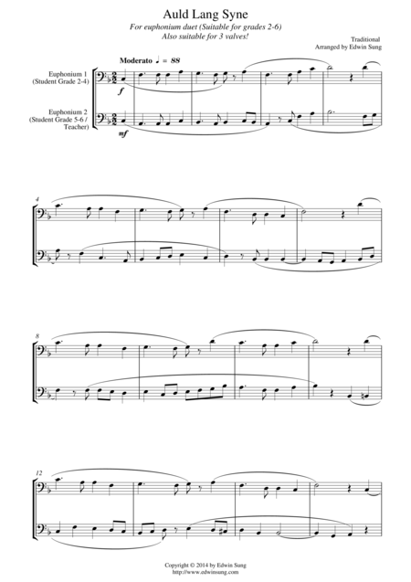 Auld Lang Syne For Euphonium Duet Bass Clef 3 Or 4 Valved Suitable For Grades 2 6 Sheet Music