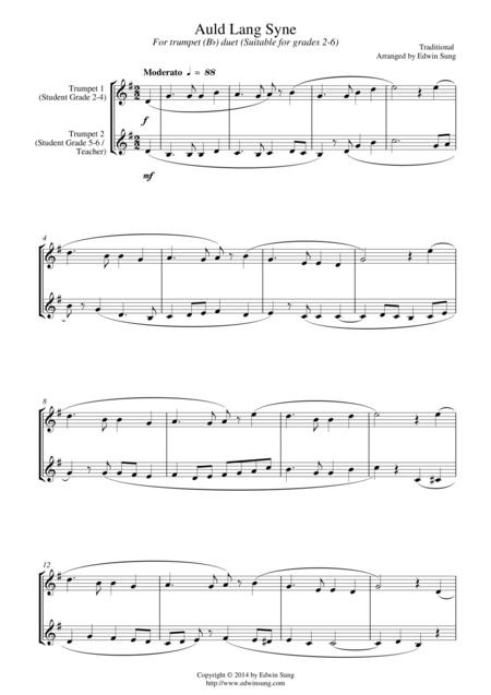 Auld Lang Syne For Trumpet Bb Duet Suitable For Grades 2 6 Sheet Music