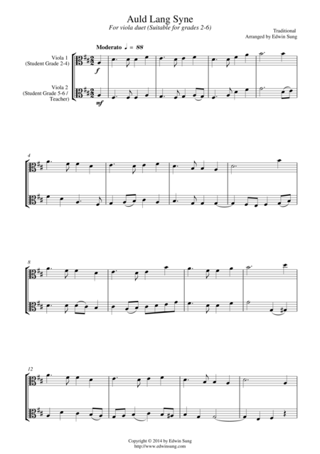 Free Sheet Music Auld Lang Syne For Viola Duet Suitable For Grades 2 6