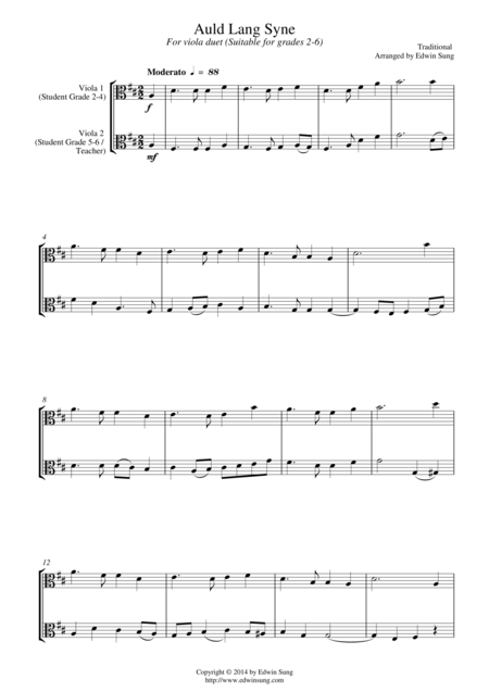 Auld Lang Syne For Viola Duet Suitable For Grades 2 6 Sheet Music