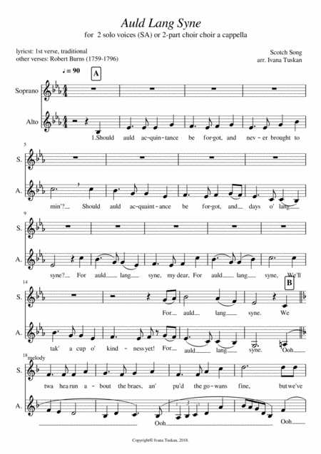 Auld Lang Syne Sa Duet Or 2 Part Choir A Cappella Sheet Music